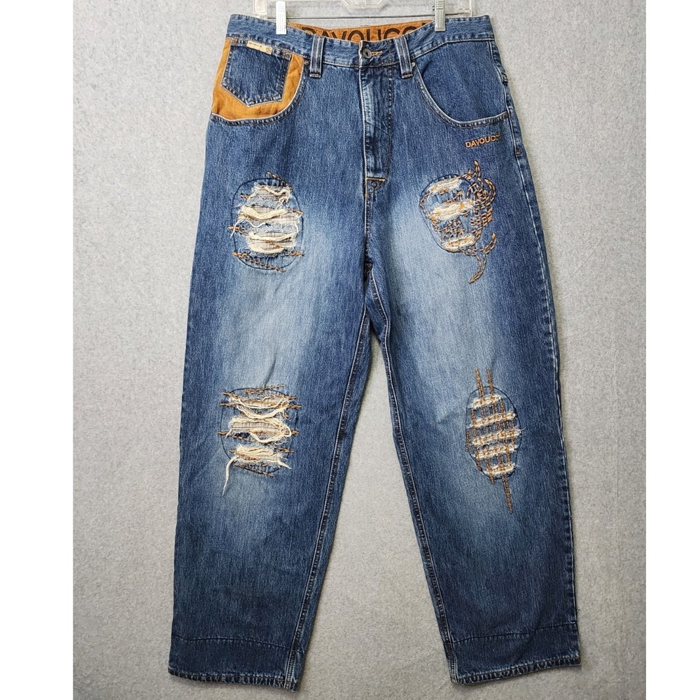 Davoucci Baggy Jeans Mens 36 Blue Distressed Embroidered Y2K Hip Hop Streetwear